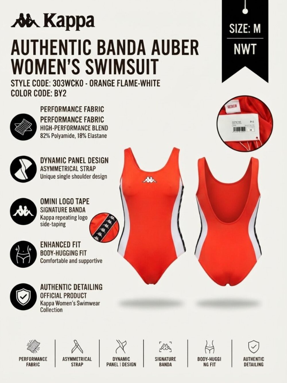 NWT Kappa 222 Banda Auber One Piece Swimsuit Orange Women Size M (Minor Damage)